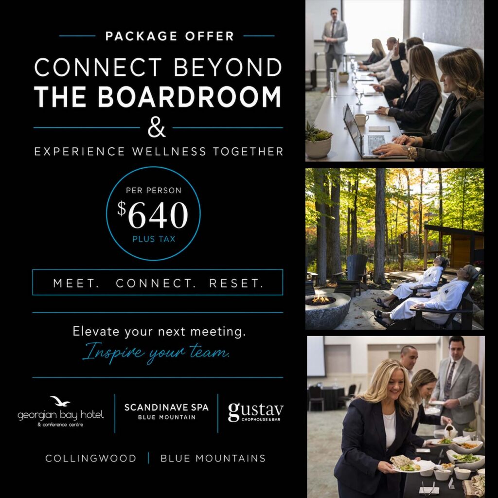 Promotional graphic for Georgian Bay Hotel’s Connect Beyond the Boardroom package. The offer combines a corporate meeting experience at Georgian Bay Hotel with dining at Gustav Chophouse & Bar and a wellness experience at Scandinave Spa Blue Mountain. The package is priced at $640 per person plus tax and features the message “Meet. Connect. Reset.”