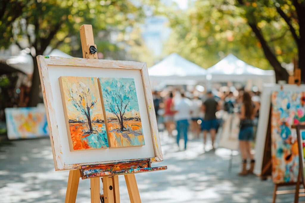Colourful paintings displayed at an outdoor arts event